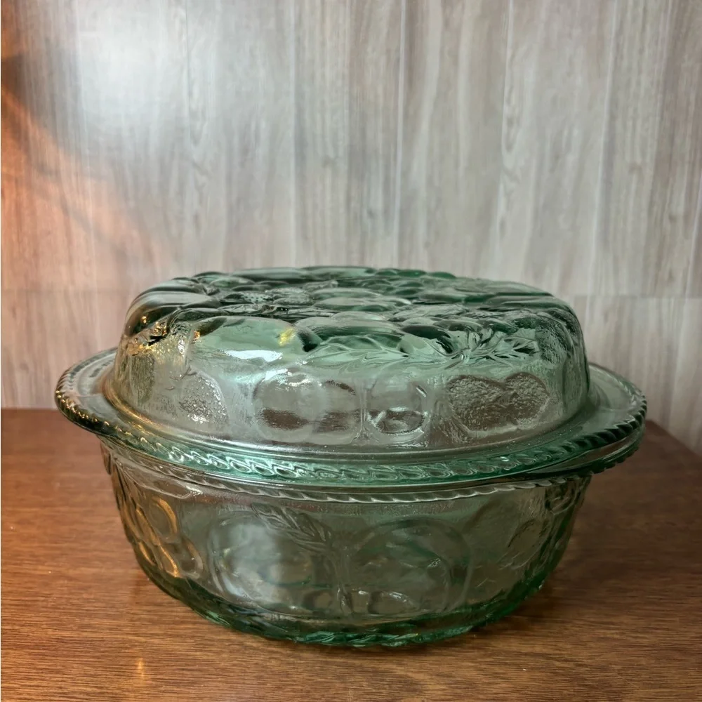 Vintage Libby Orchard Fruit Green Glass Covered Casserole Dish Lid Pie Baking
